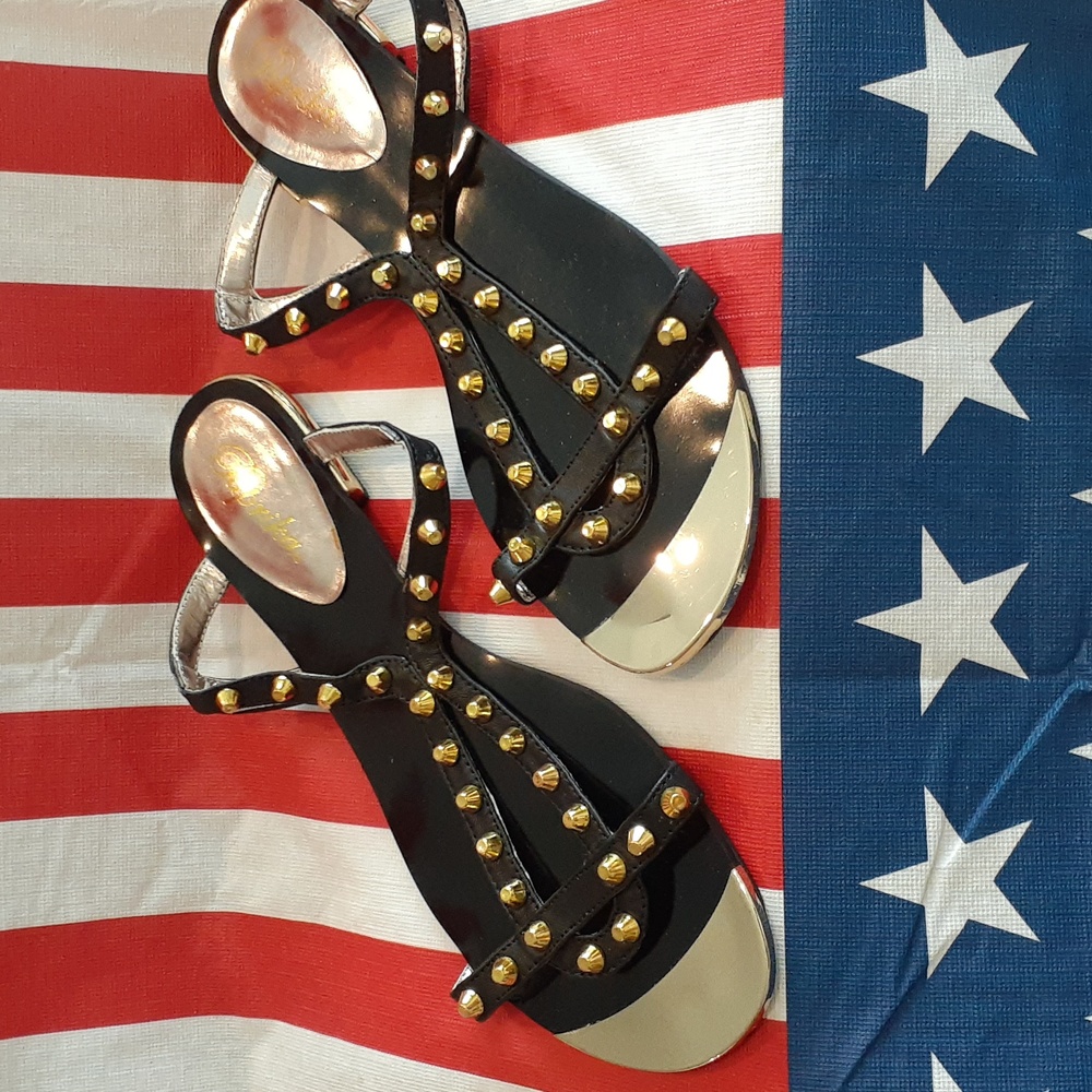 Slip on gold studded sandals, low heel, Size 8 1/2, NWOT